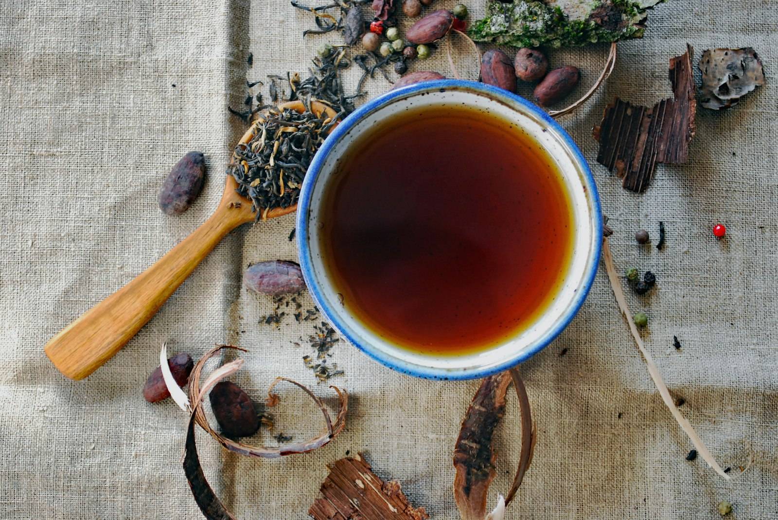 Cup of herbal tea surrounded by dried herbs and spices